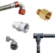 Aluminum, steel, stainless steel, brass and black pipe ydraulic fitting collage